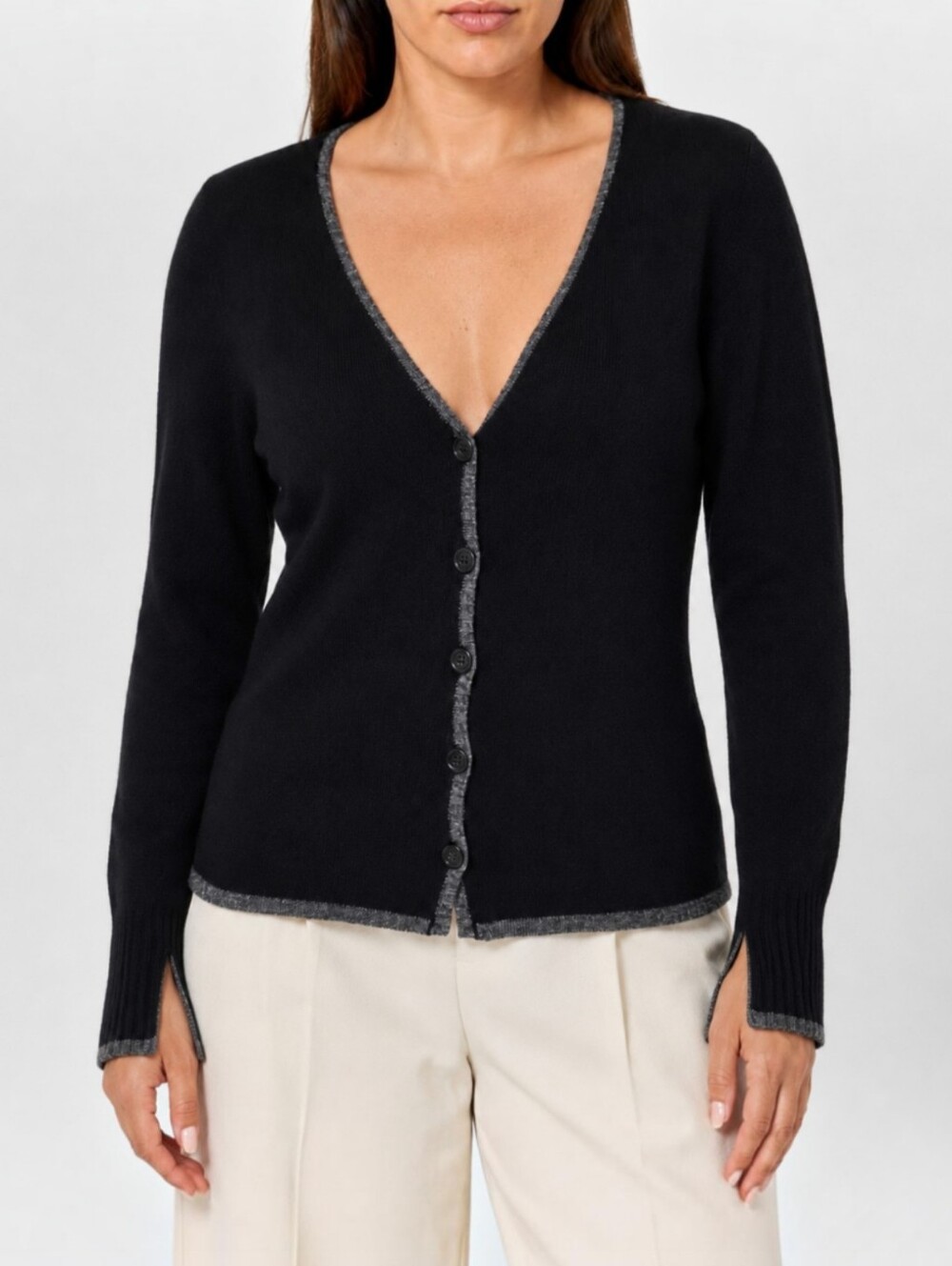 Cashmere Silk Blend V Neck Cardigan Black Gray Trim Classic Quiet Luxury M